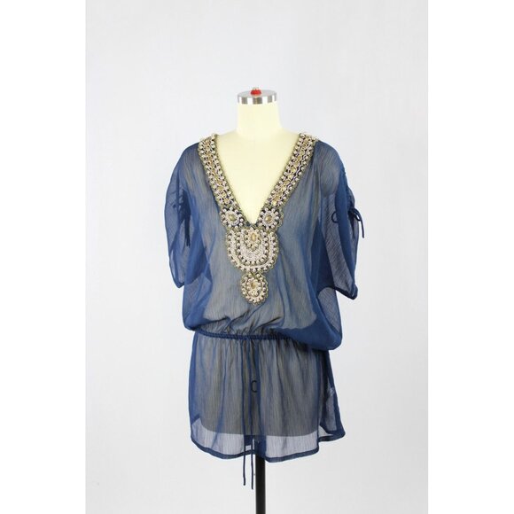 YEMANJA IBIZA Navy Beaded Beaded Embellished Sheer Crepon Cover-Up, One Size - Picture 1 of 12